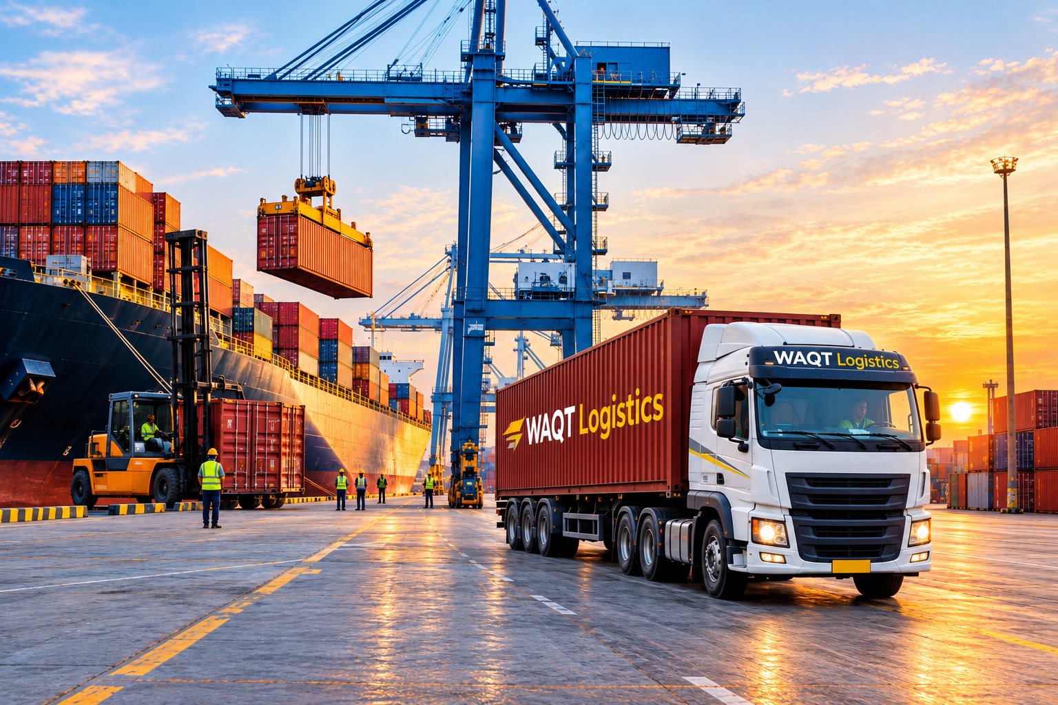 Container truck and cargo crane at a logistics port, representing WAQT's freight and container logistics business