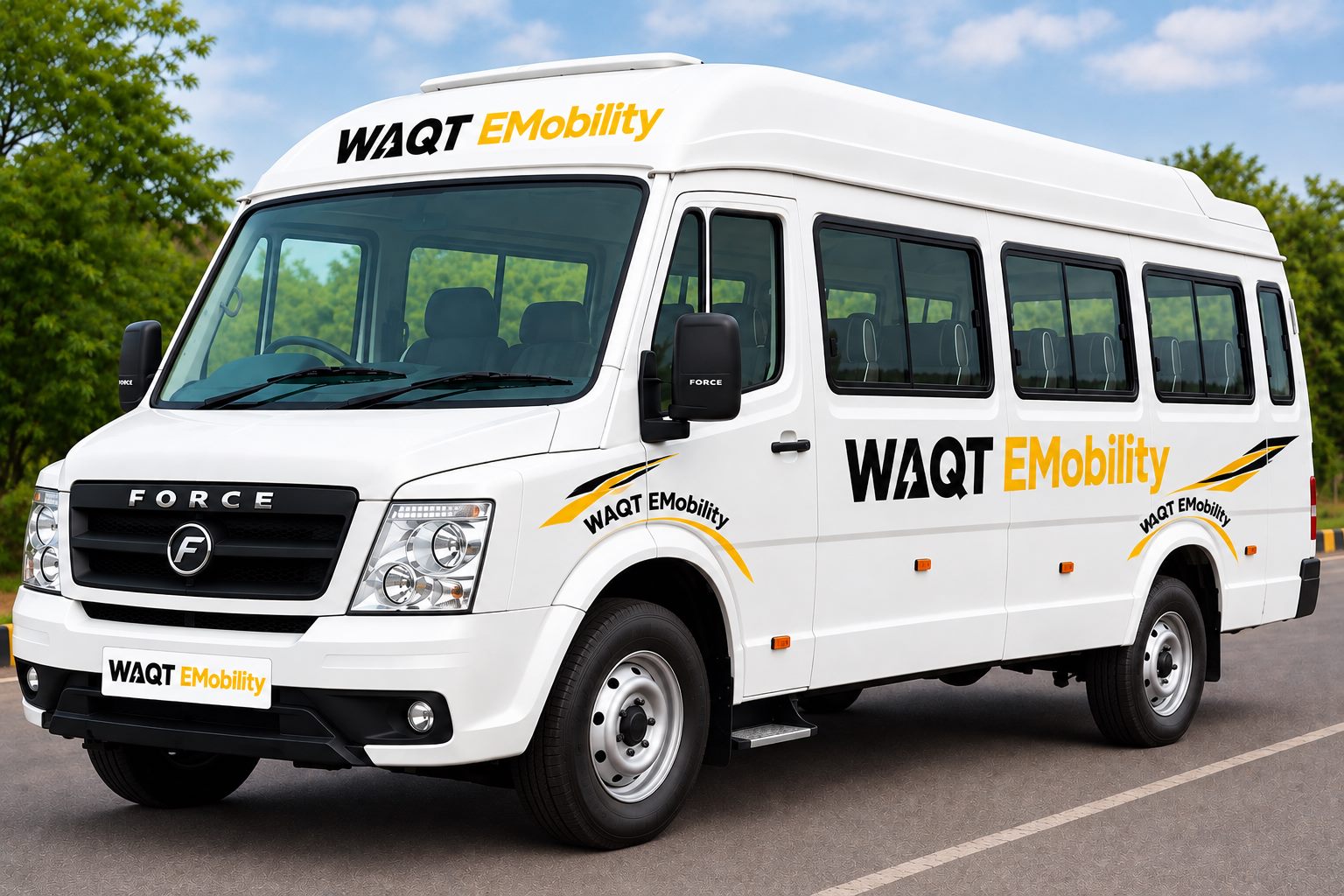 WAQT EMobility branded Force Traveller 20-seater tempo traveller used for group and corporate transport